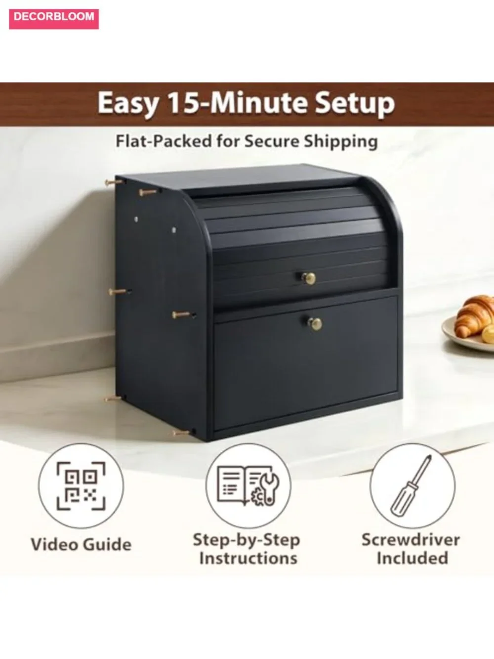 Wooden Roll Top Bread Box for Kitchen Countertop, 2-Tier Pine Storage